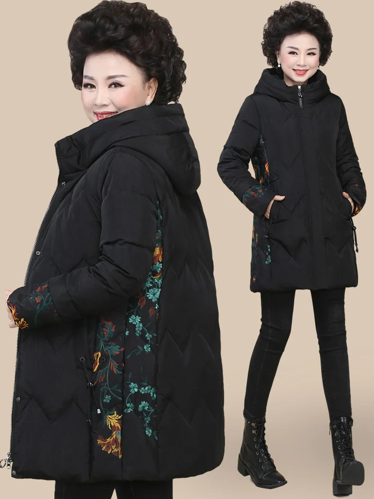 

Утепленная женская модная куртка средней длины свободного кроя с карманами, на молнии, с капюшоном, для женщин среднего и старшего возраста