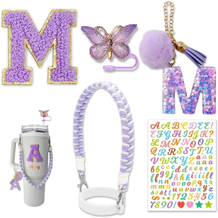 Juego de accesorios para tazas, 30oz, 40oz, asa para botella de agua, correa, dijes con letras, cubierta de paja de mariposa, color morado