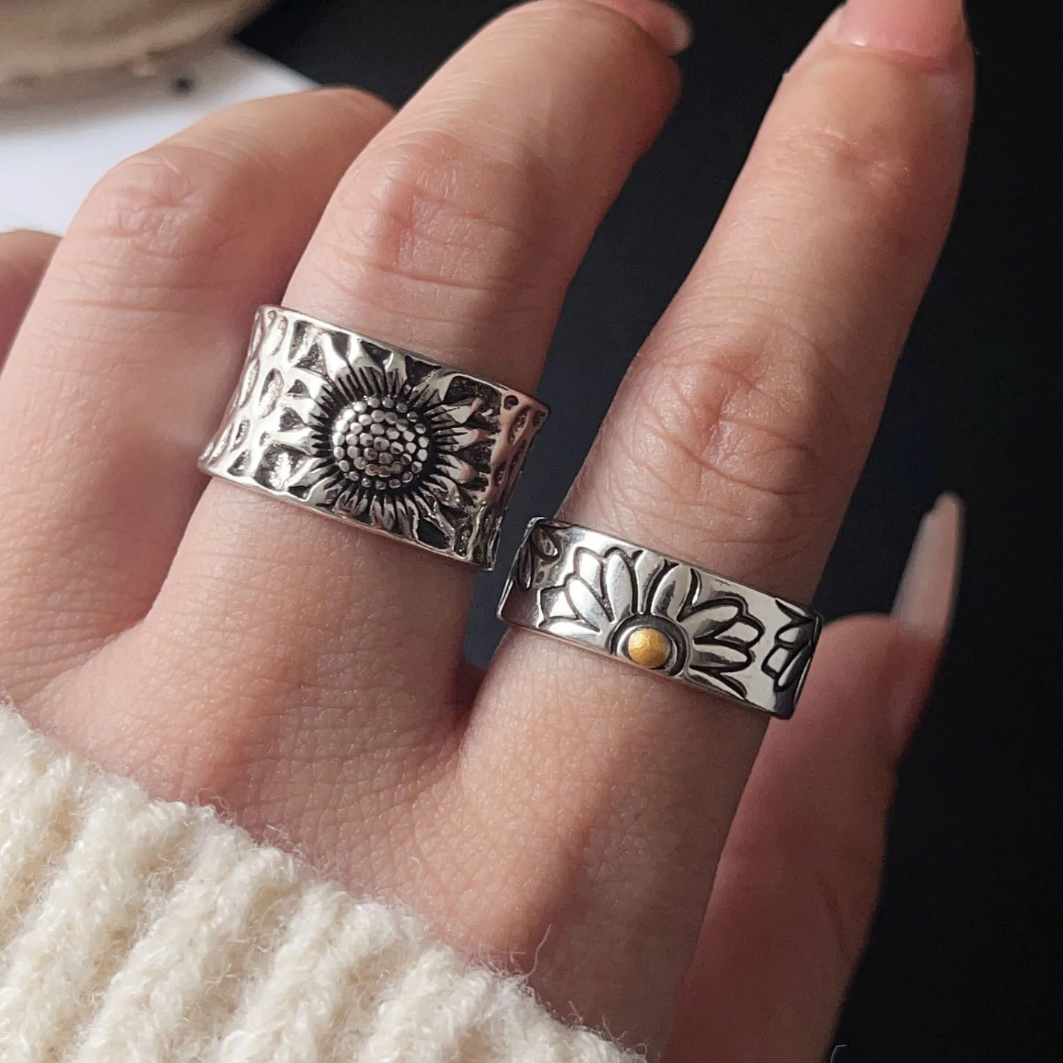 Women's 925 Sterling Silver Adjustable Vintage Flower Ring