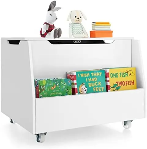 

Wooden Toy Box, Toy Organizer with Front Bookshelf, Flip-Top Lid, Safety Hinge, 4 Universal Wheels, Boys Girls Toy Chest Bench