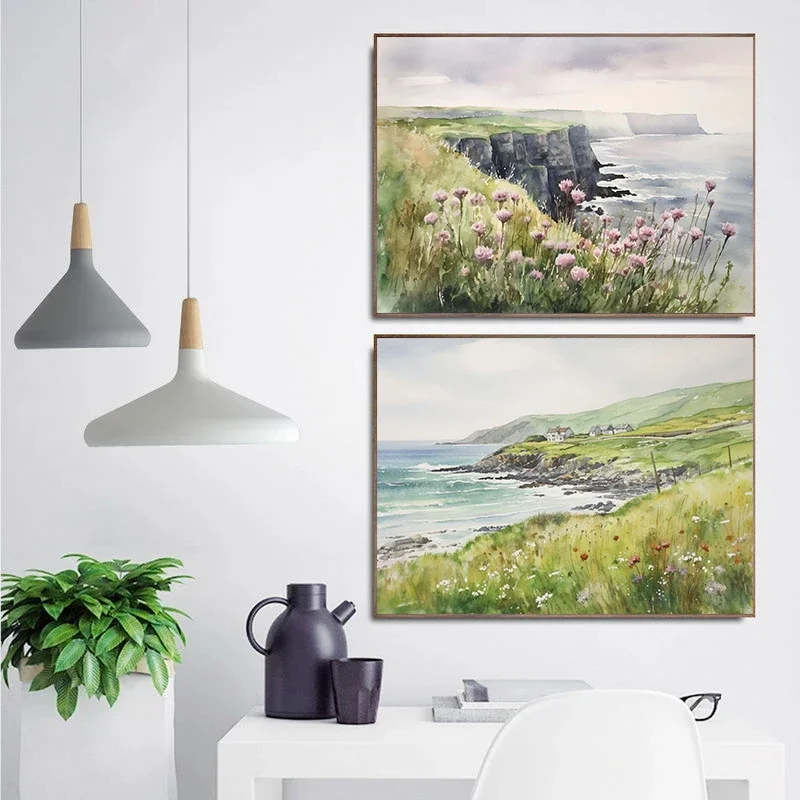 Impressionist Irish Scottish Watercolor Poster Urban farmhouse beach cliff Canvas Painting modern wall Art Picture Home Decor