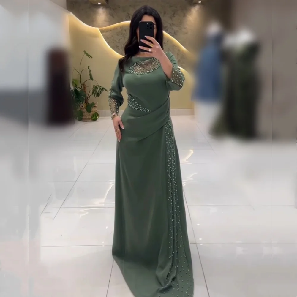 

Customized Elegant Evening Dress Glitter Beading O-Neck Pleat A-line Long Dresses Bespoke Occasion Party Gown Grace