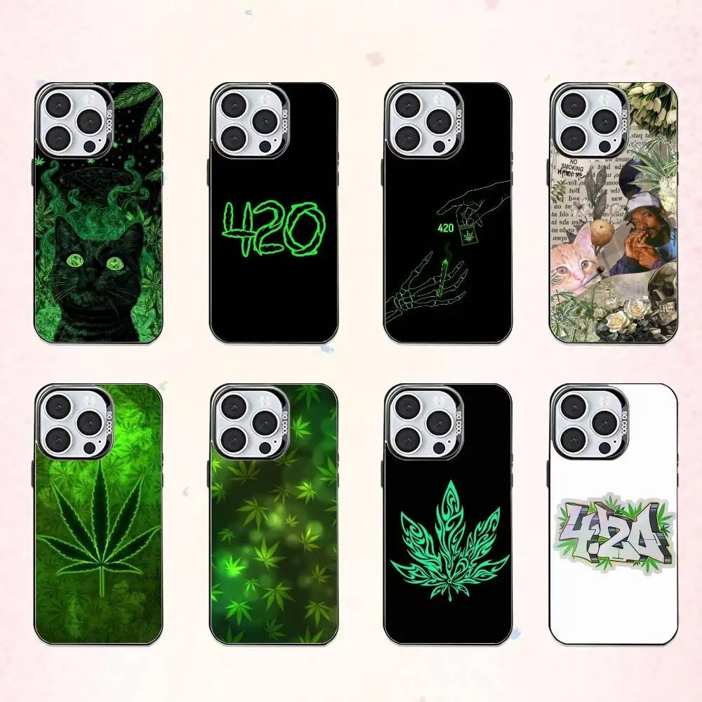 

L-Leaf Weed 420 Smoking Phone Case For iPhone17,16,15,14,13,12,11 Plus,Pro Max Colored Silver Plated Inside Cover
