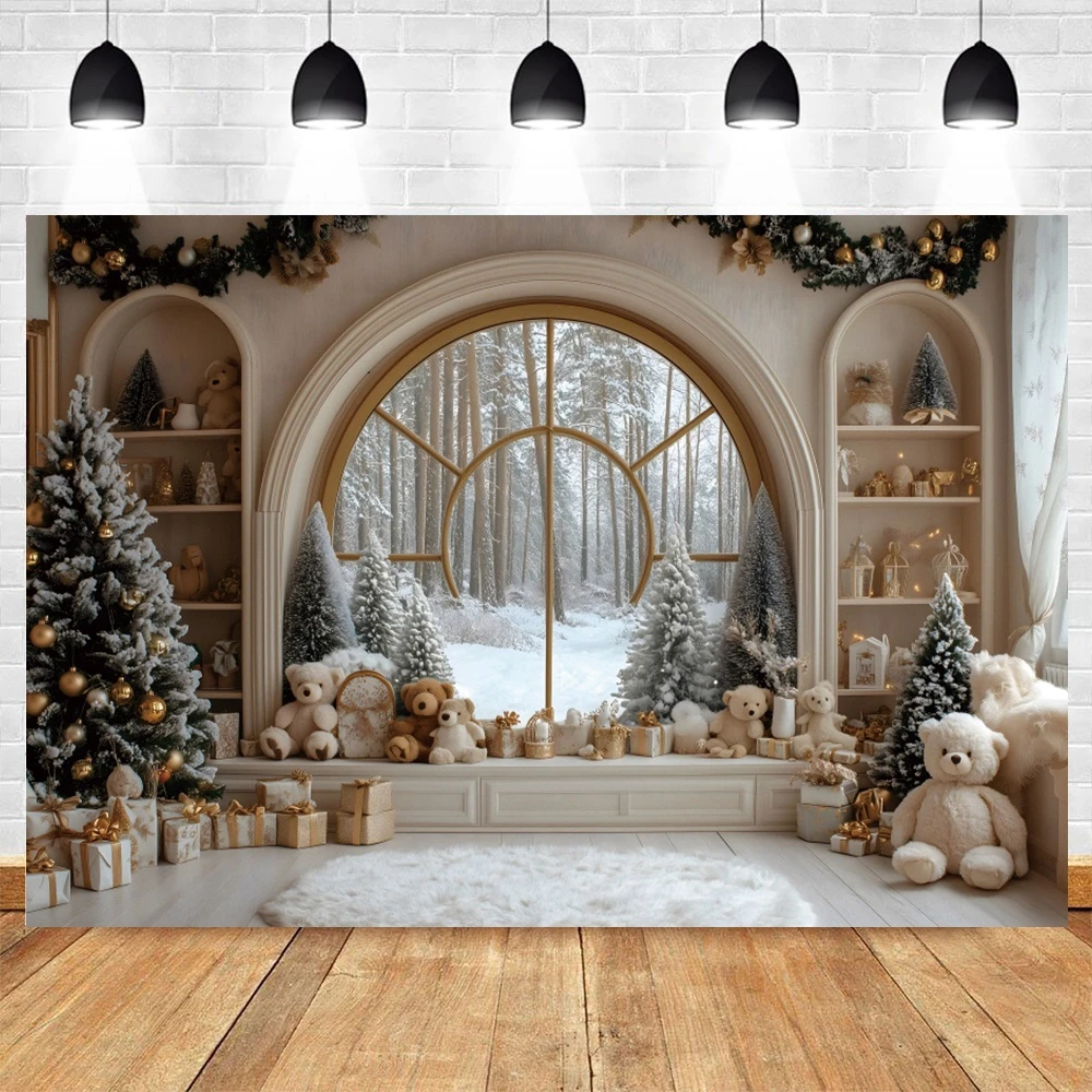 الأوروبي عيد الميلاد الدب الصغير الخلفيات للتصوير الفوتوغرافي نافذة مقوسة ثلجية شجرة عيد الميلاد هدية الأسرة ديكور حفلات صور الخلفيات