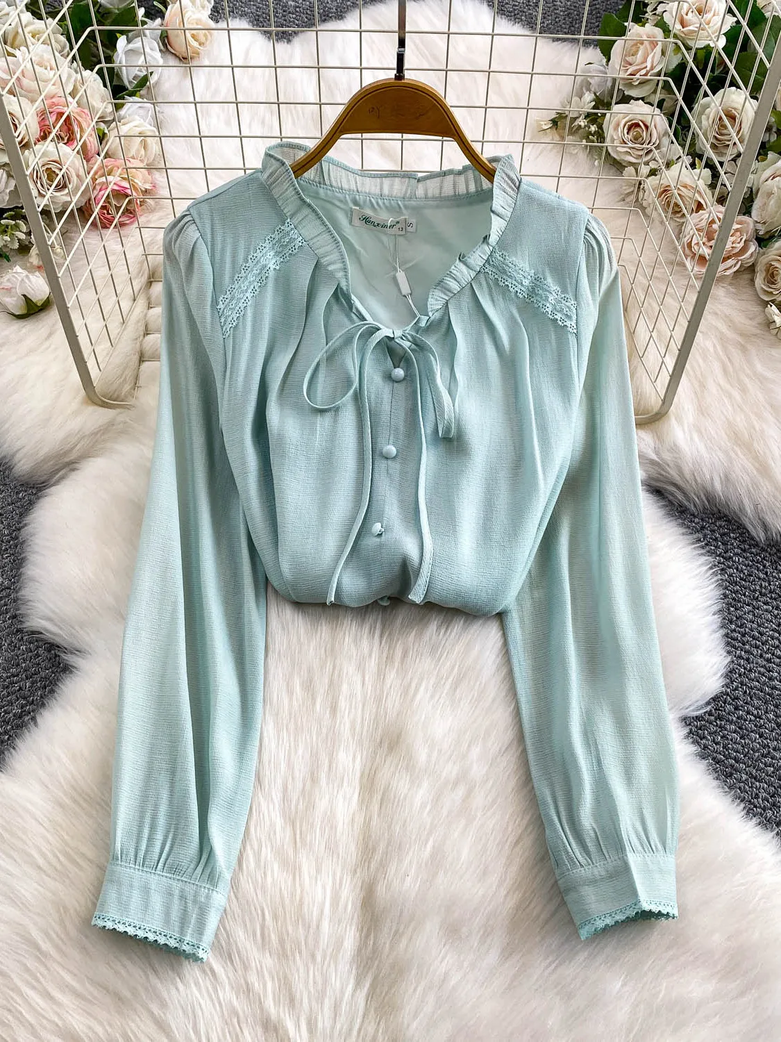 Ele solto feminino renda guarnição v-ne irt casual sle longo sve camada base top outono inverno faion conforto respirável...