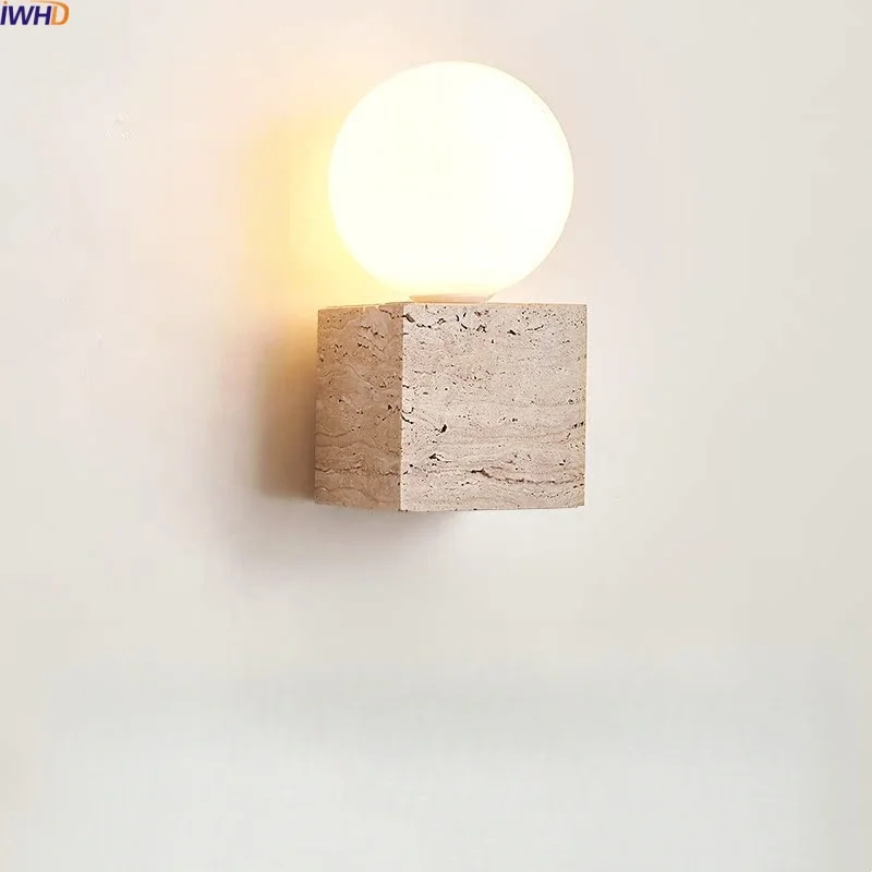 

IWHD White Glass Ball LED Wall Sconce Lights Indoor Luxury Home Decor Yellow Stone Modern Nordic Bedroom Bedside Lamp Arandela