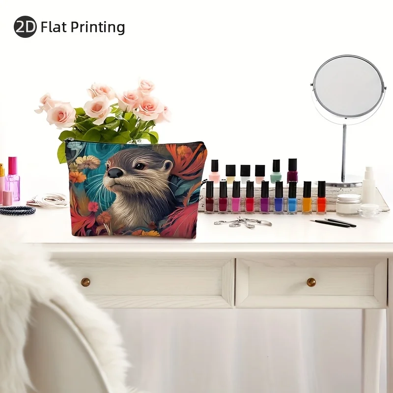 Kolorowa kosmetyczka w kwiaty i z motywem wydry - wielofunkcyjna saszetka na zamek błyskawiczny, etui na biżuterię, idealna podróżna mała torba do przechowywania na zamek błyskawiczny.