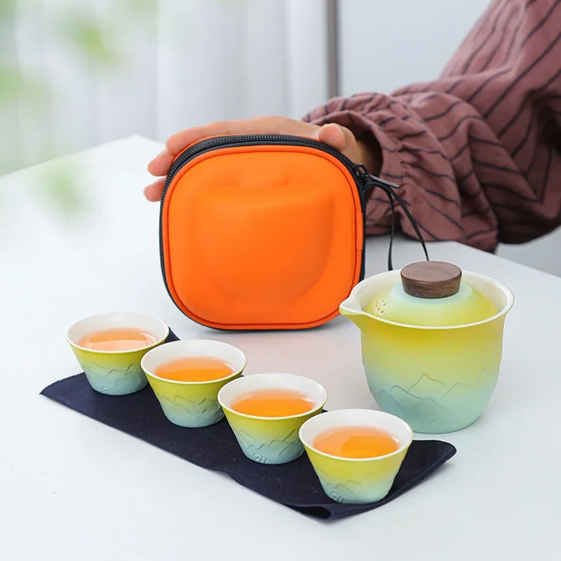Gradient Glaze Travel Tea Set Simple Portable Ceramic Quick Cup Outdoor Camping Teapot One Pot Four Cups Tea Sets Complete Set