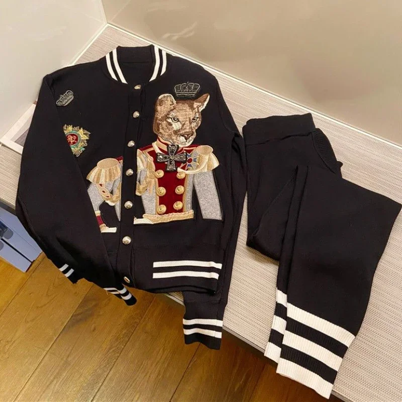 Women Spring Autumn Dog Embroidery Baseball Coat Contrast Color Beaded Bomber Jacket Single Breasted Cardigan Sports 2pcs Suit