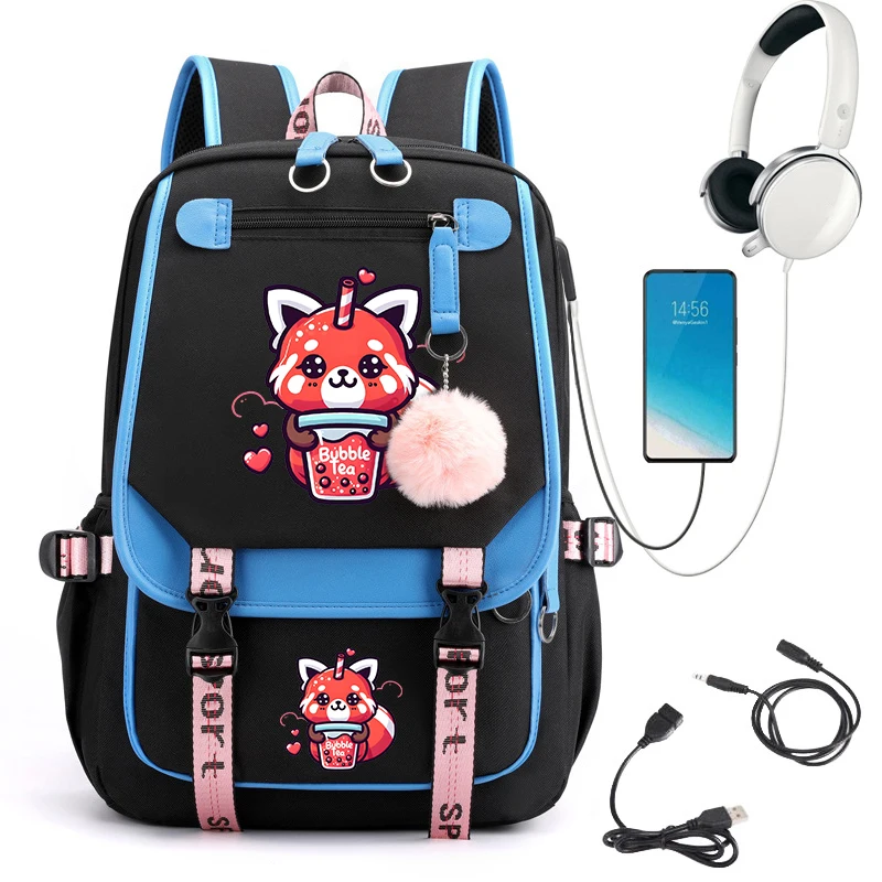 Mochila dos desenhos animados para meninas, Bookbag impermeável do anime, Daypack USB, amor animal, chá da bolha, Schoolbag para crianças