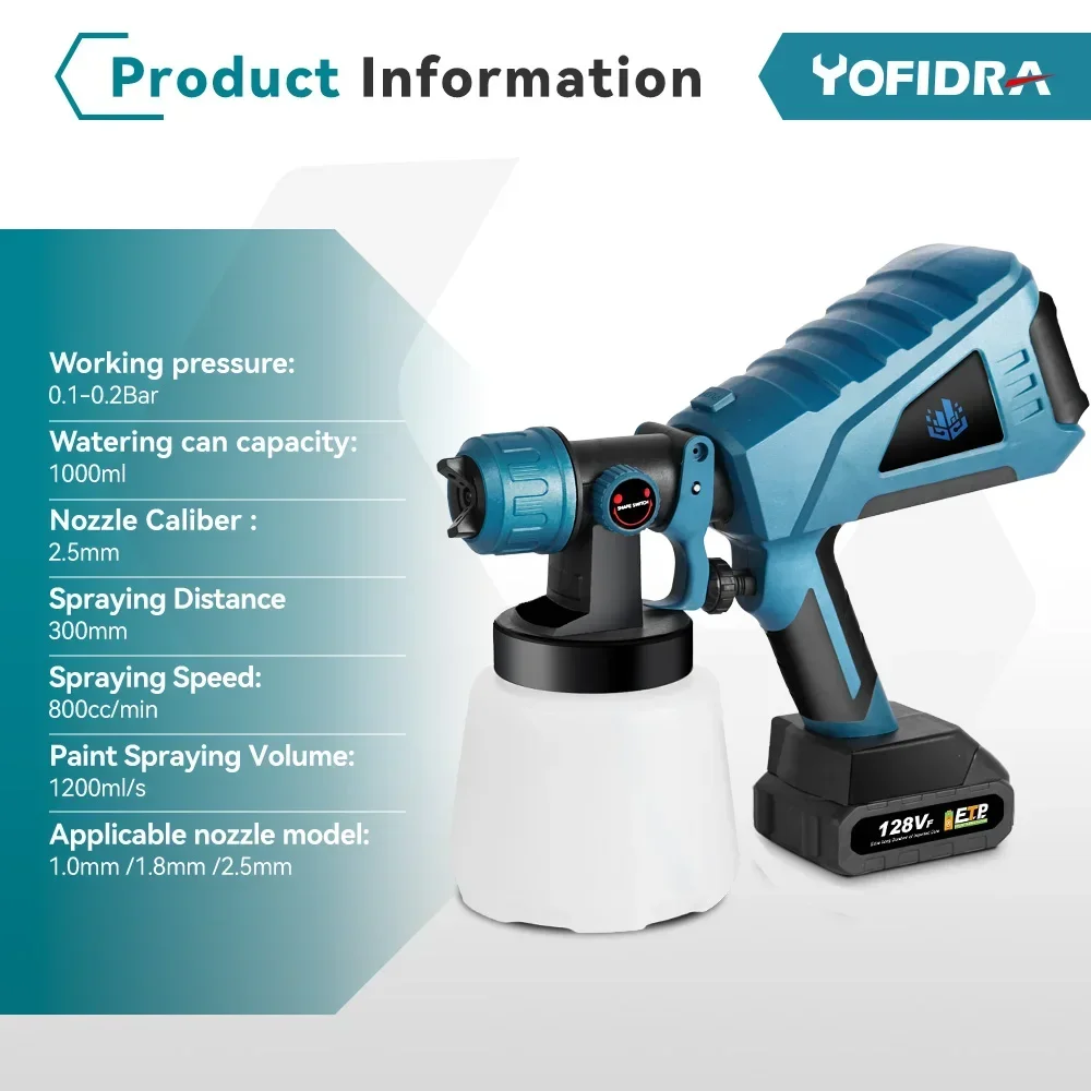 Yofidra 1000ML Electric Spray Gun High Power  Flow Control Airbrush Household Paint Sprayer 3 Nozzle For Makita 18V Battery