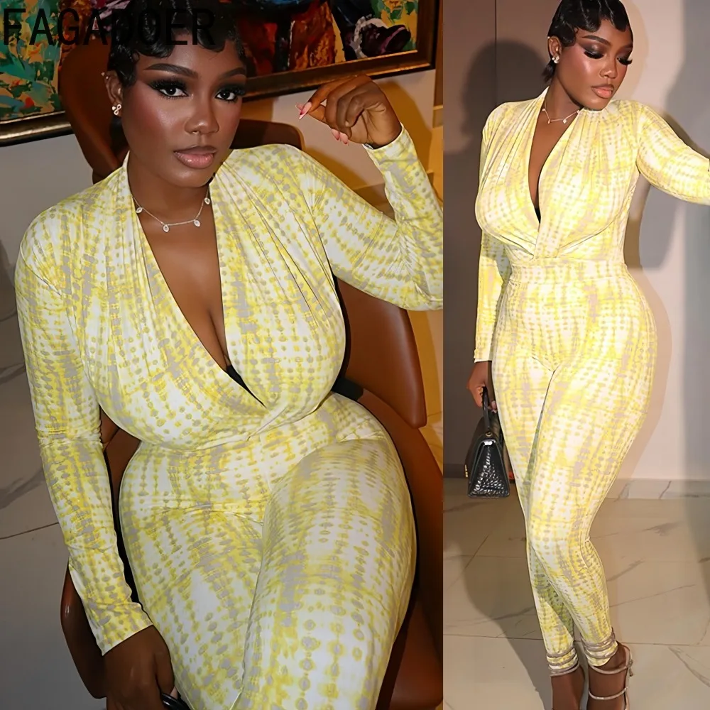 

FAGADOER Spring Sexy Checkered Print Patchwork Jumpsuits for Women Deep V-neck Long Sleeves Rompers Female Streetwear Overalls