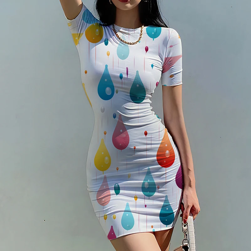 Summer new lady slim dress colorful water drop 3D printed lady dress beautiful lady slim dress trend fashion ladies slim dress