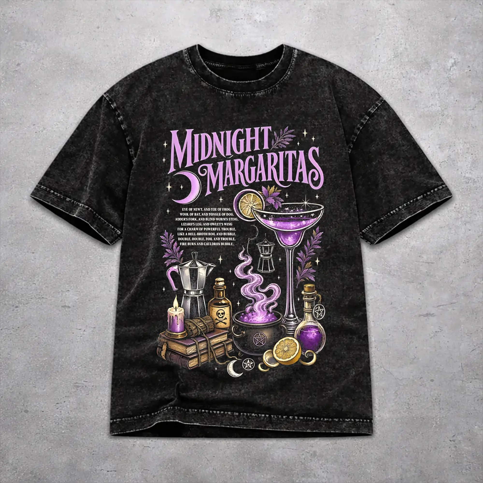 Practical Magic Midnight Margaritas Witchcraft Witchy Coven Pentagram Washed T Shirt Vintage Harajuku for Men Women T-Shirt