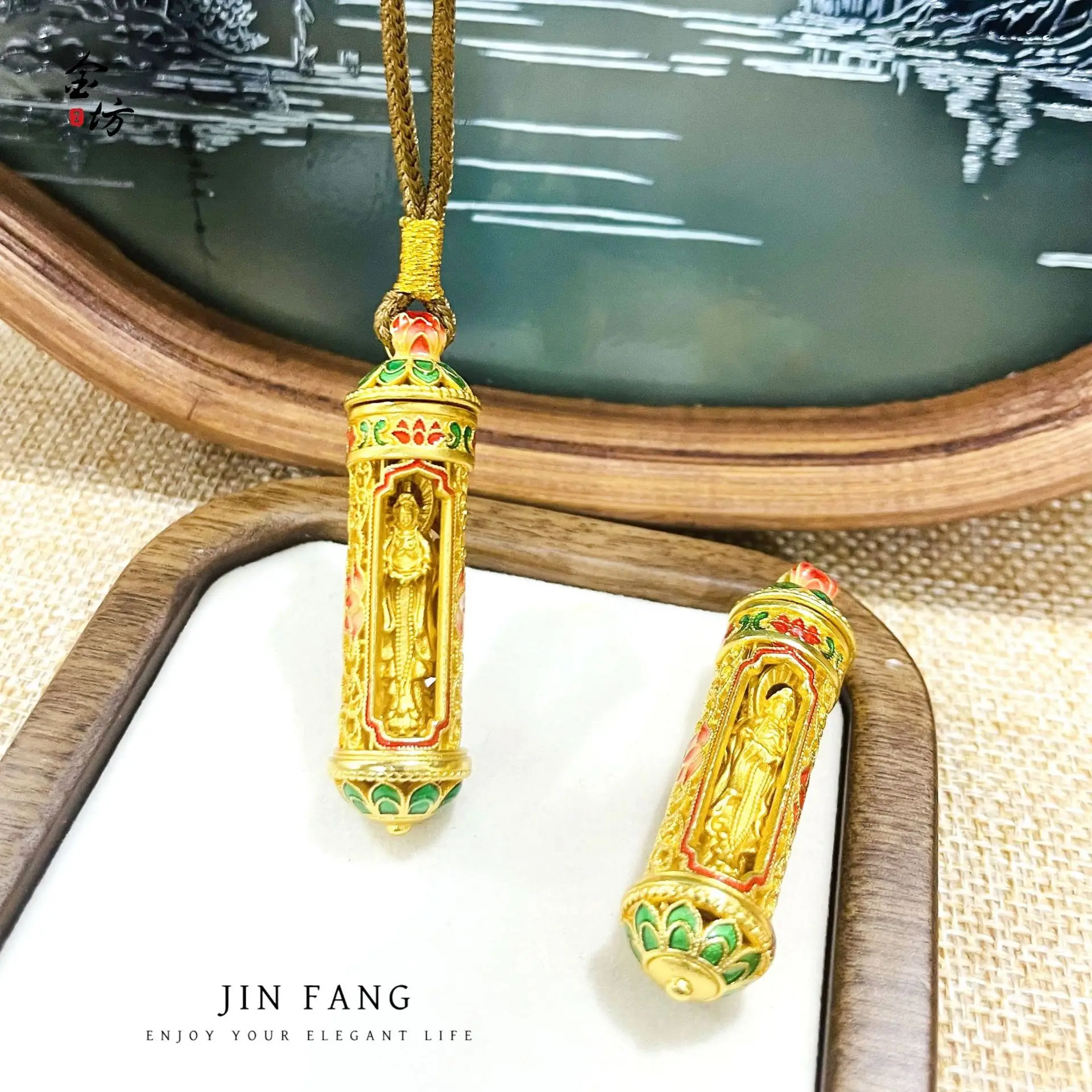 

9999 24K real gold ancient method rotating lotus Guanyin bucket pendant Chinese enamel ornament pendant women's necklace