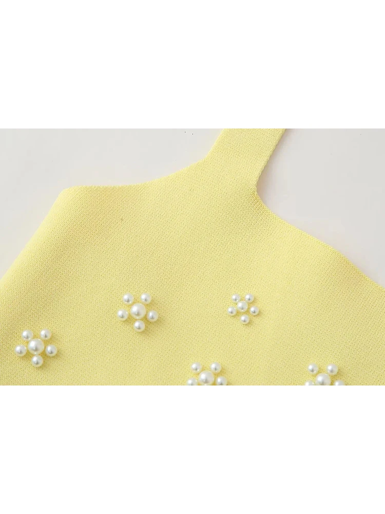 Knitted Yellow Sling Tops for Girls, Casual Sweater Tops, Elastic, Cute, Pearl Decoration, Summer Fashion, 2024