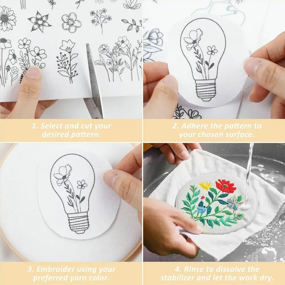 Wasserlösliche Stabilisator-Stickmuster, Stick- und Stitch-Stickpapier zum Auswaschen, Blumen- und Blumen-Gänseblümchen-Schmetterlings-Designs