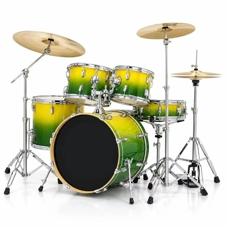 Gradient Green 5-Piece Drum Set 4 Brass Cymbals Full Hardware Drum Stool