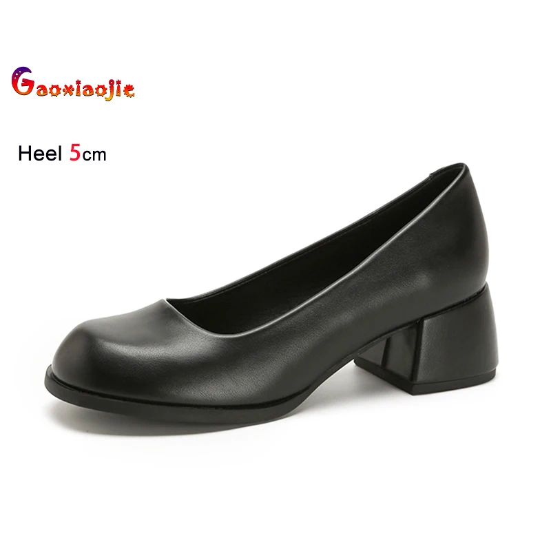 

Черные женские туфли из искусственной кожи в простом стиле, Новое поступление 2026, женские туфли-лодочки на массивном каблуке 5 см, весенние женские удобные туфли без шнуровки на высоком каблуке