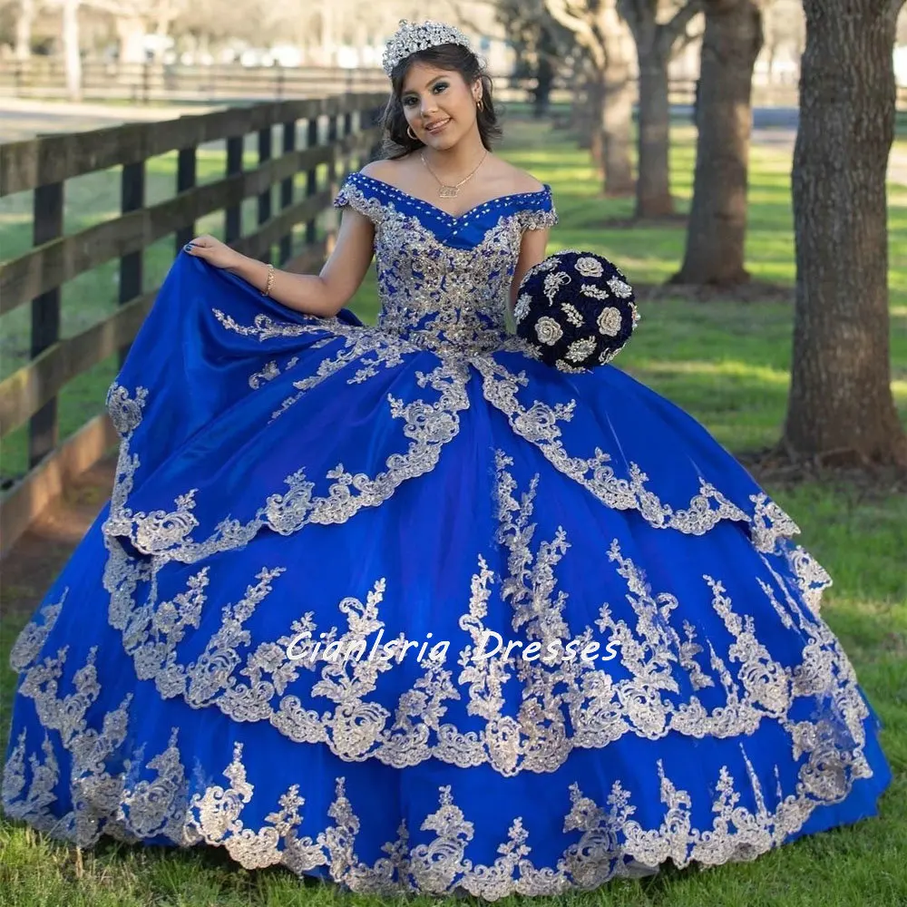 Royal Blue Crystal Beading Ruffles Quinceanera Dresses Ball Gown Off The Shoulder Appliques Lace Corset Vestidos Para XV Años