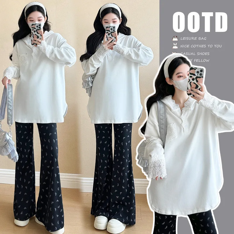 

Fashionable Maternity Set Spring Autumn New Stylish Long Sleeve Loose Fit Lace Hoodie with Casual Pants Two Piece Outfit