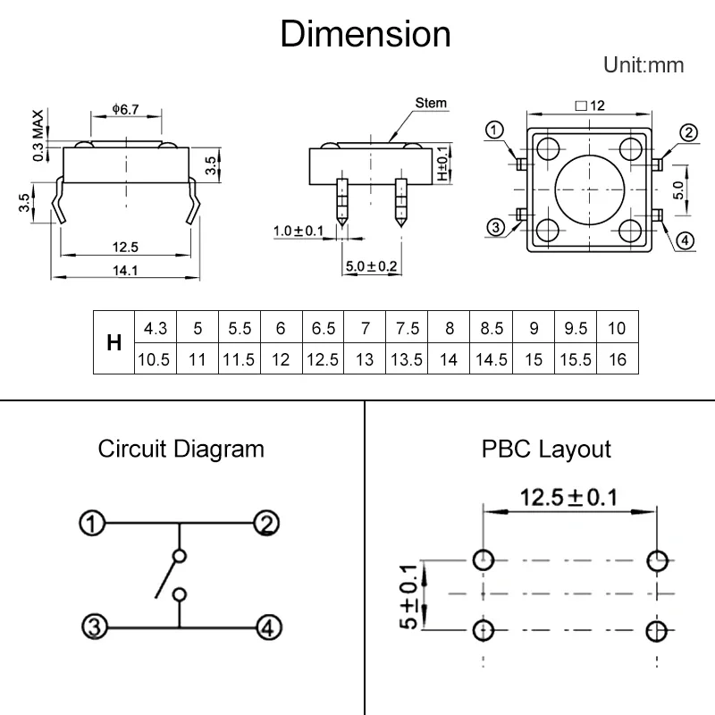 10pcs 12x12mm Panel PCB ON Off Momentary Tactile Tact Micro Mini Switch Push Button DC12V 4 Pin DIP H=5/6/7/8/9/10/12/13/15/16mm