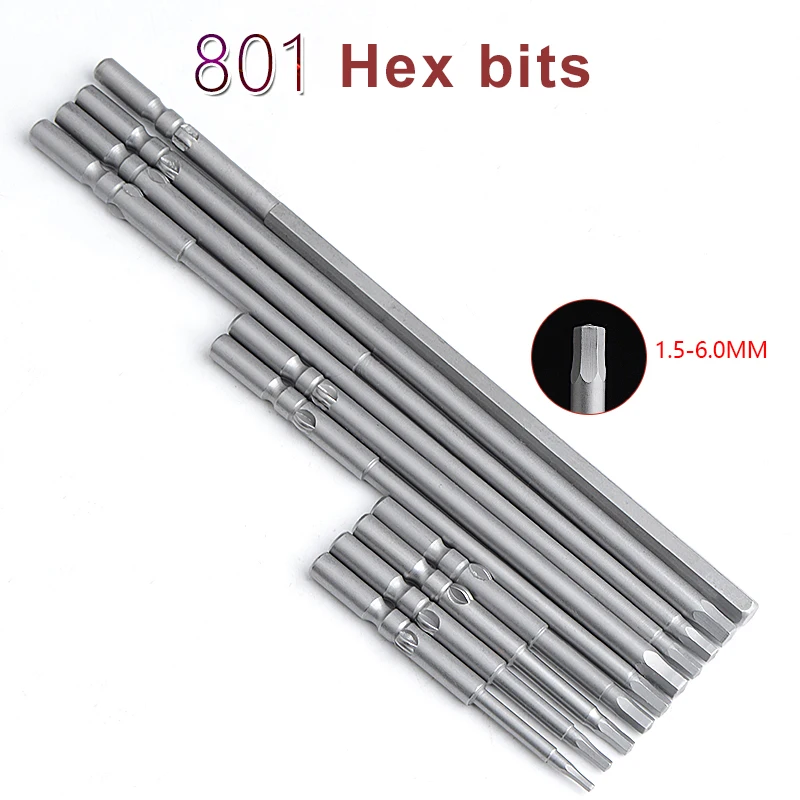 7pcs 60/100/150mm Magnetic 801 5mm Round Shank Impact Electric Hex Screwdriver bit Hexagon Drill Head H1.5 H2.0 H2.5 H3 H4 H5 H6