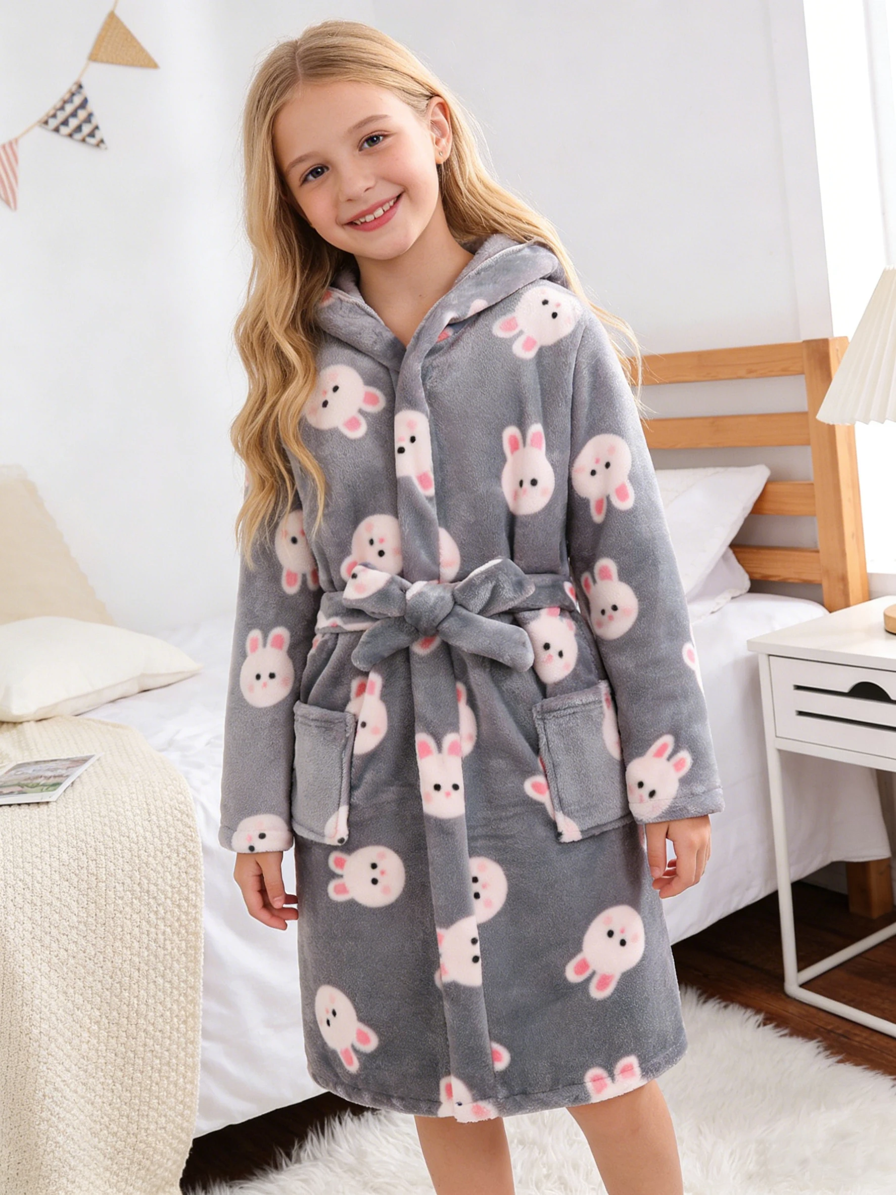 Girls' Bathrobe, Cartoon Rabbit Pattern Flannel Bathrobe with Hood, Warm Pajamas for Girls Suitable for Autumn and Winter Home
