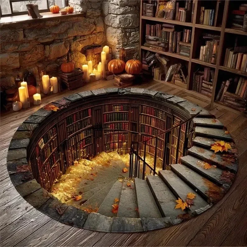 1pc Lantern Library Spiral Stairs 2D Illusion Round Rug Cozy Literary Home Gift Reading Room Carpet Fall Rustic Aesthetic