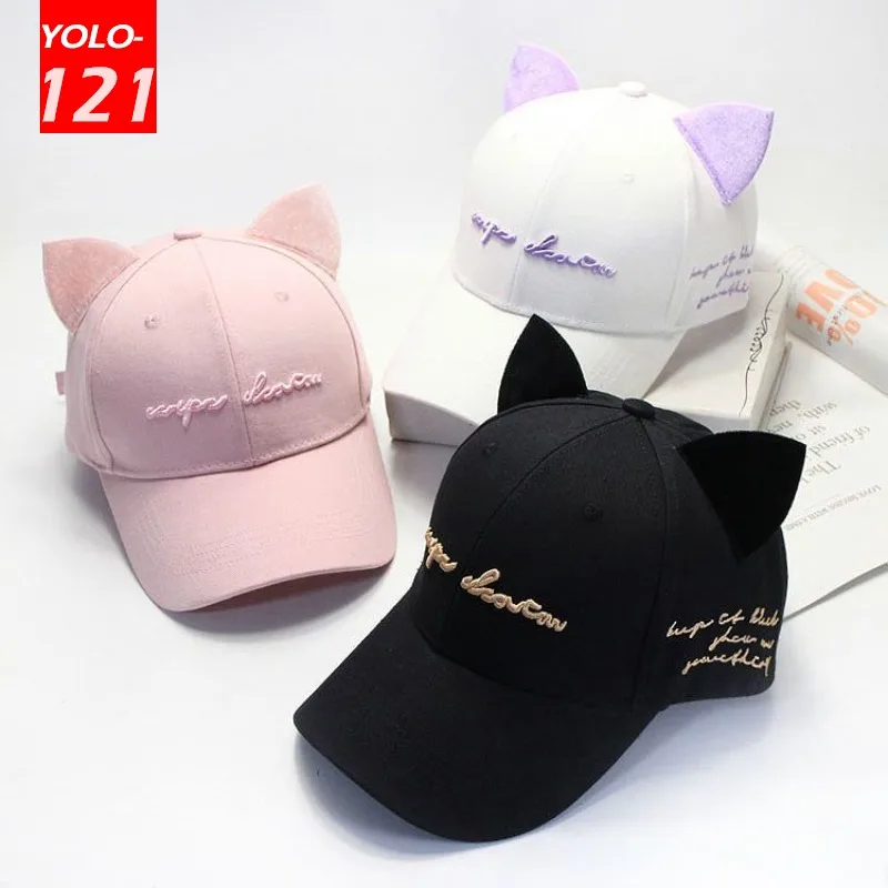 Cute Cat Ears Baseball Cap Women Cartoon Caps Letter Embroidered Sun Hat Designer Cap for Ladies Casual Fashion Snapback Cap