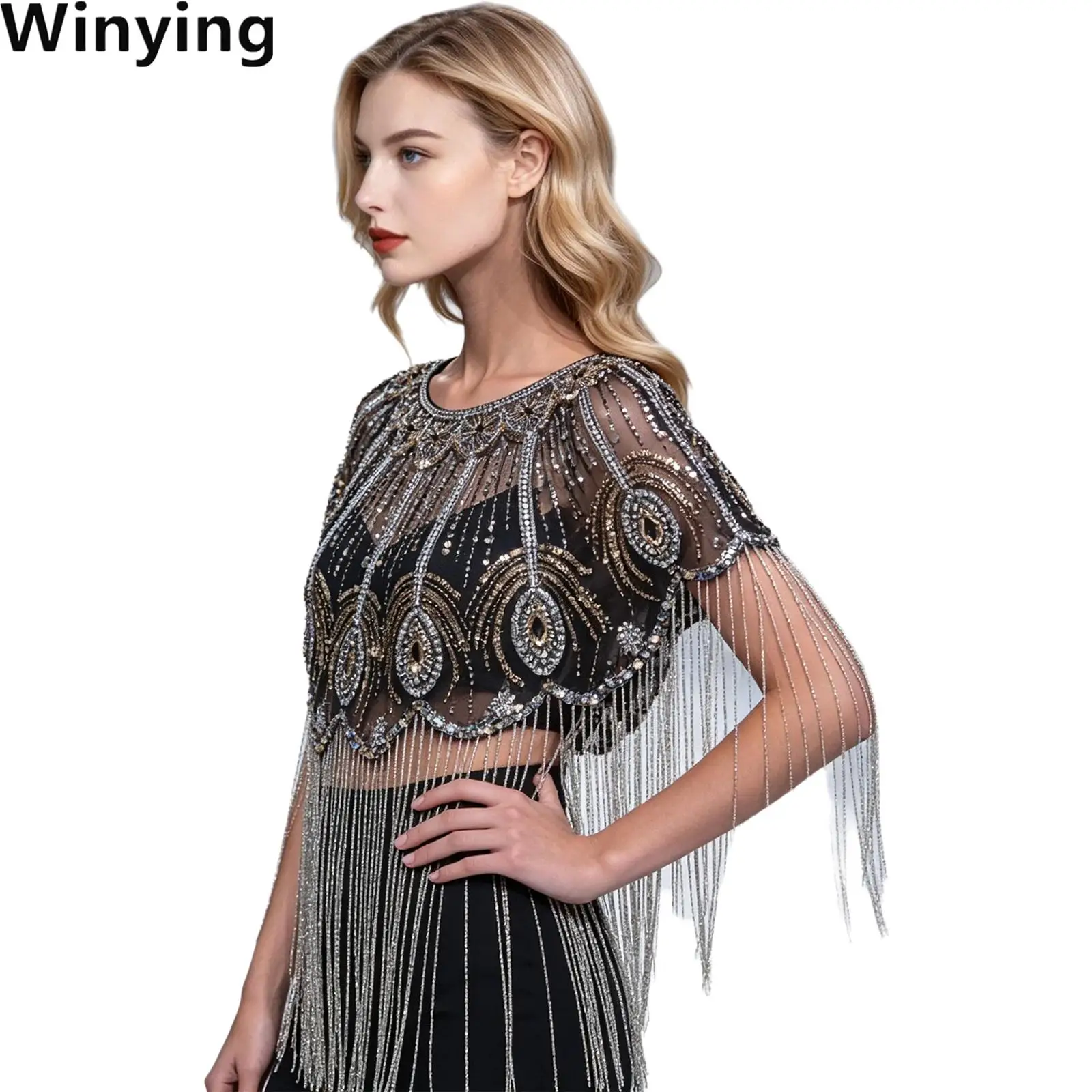 1920s Women Vintage Flapper Shawls Bolero Shiny Sequins in Retro Pattern Bottom Plastic Beads Tassel Cape Shoulder Shrugs