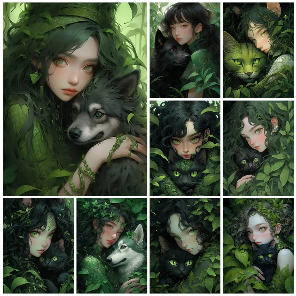 Diy Diamond Painting Girl and Dog Cat Full Diamond Mosaic Art Embroidery Green Forest Series Home Decor Ręcznie robiony prezent PP5457