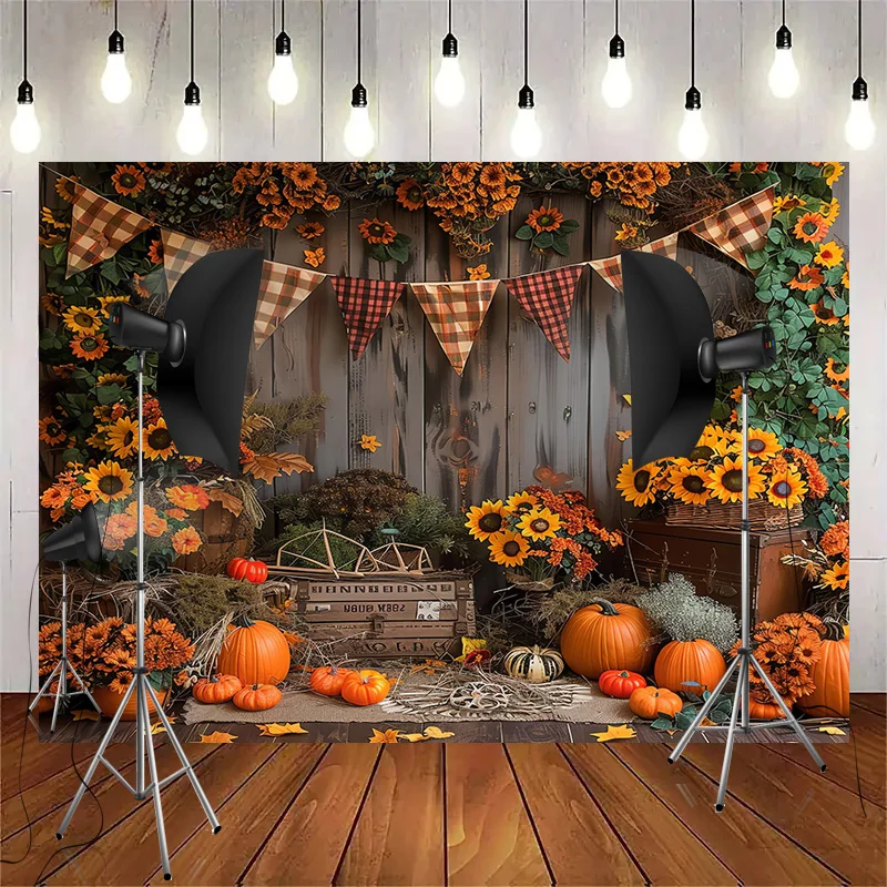 Autumnal Pumpkins Farm Photography Backdrops Props Halloween Fall Field Maple Leaf Scarecrow Fence Photo Studio Background FM-05