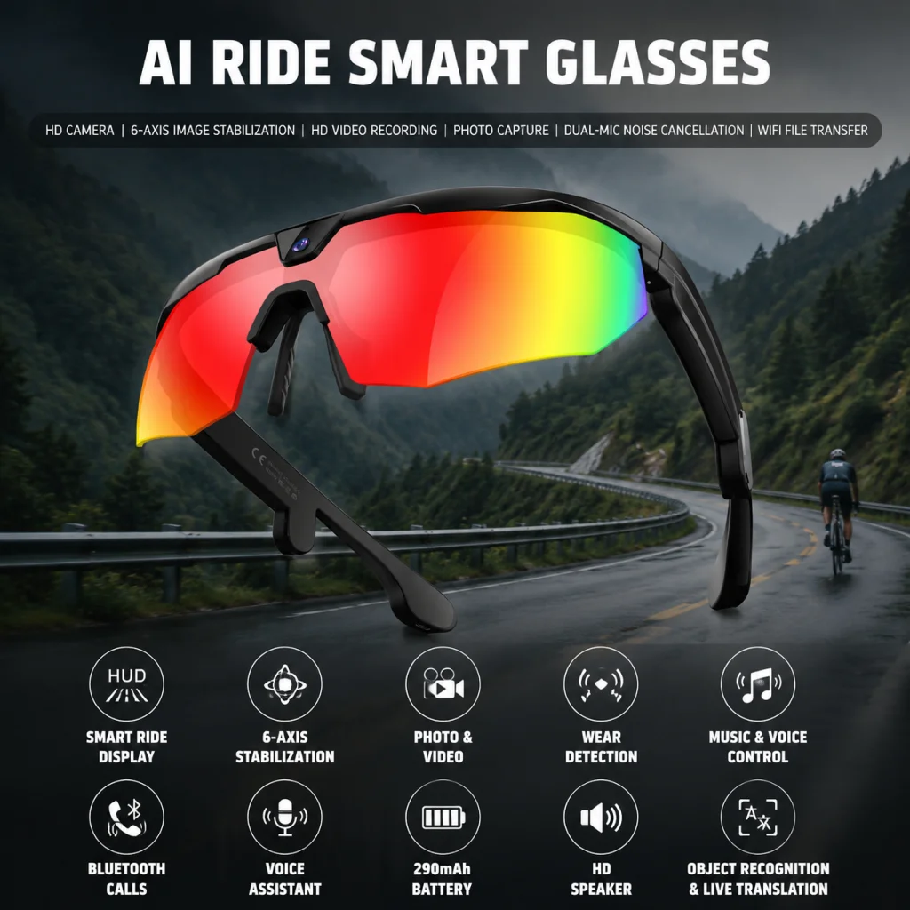 4K Cycling Smart Camera Glasses 800W Video Recorder Bluetooth Headphones AI Voice Control Waterproof Polarized Sports Sunglasses