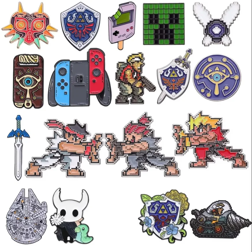 Broche en émail série de jeu de dessin animé, bouclier, masque de Pixel, épée de tir, perceuse électrique ondulée, Badge elfe, bijoux, cadeau pour ami