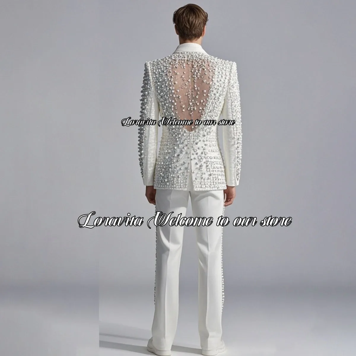 Sparkling Crystal Beading Hollow back Men Suits Luxury 2 Pieces Wedding Groom Tuxedos Slim Male Prom Blazers Costume Homme terno