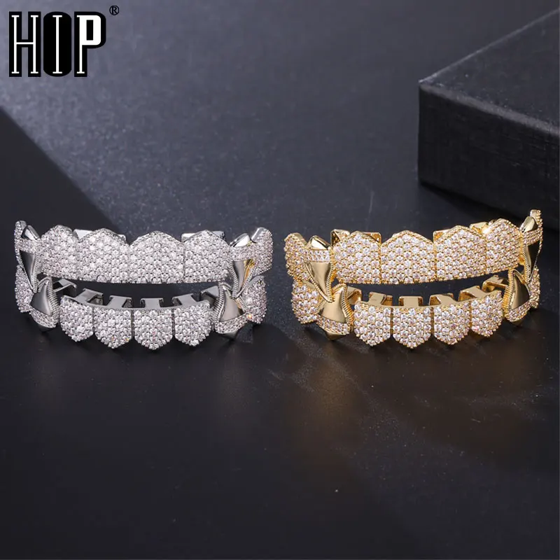 Hip Hop Full CZ Stones Teeth Grillz Caps Cubic Zircon Iced Out Micro Pave Top&Bottom Charm Grills For Men Women Jewelry