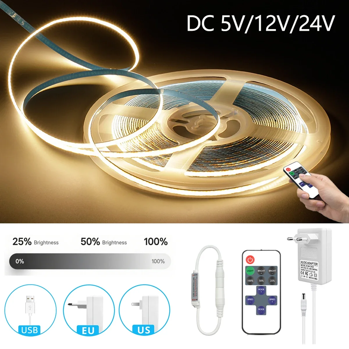 5V/12V/24V Flexible COB LED Strip Light Wireless RF Remote Control High Density 320LEDs/m Dimmable Lamp for TV Wall Backlight
