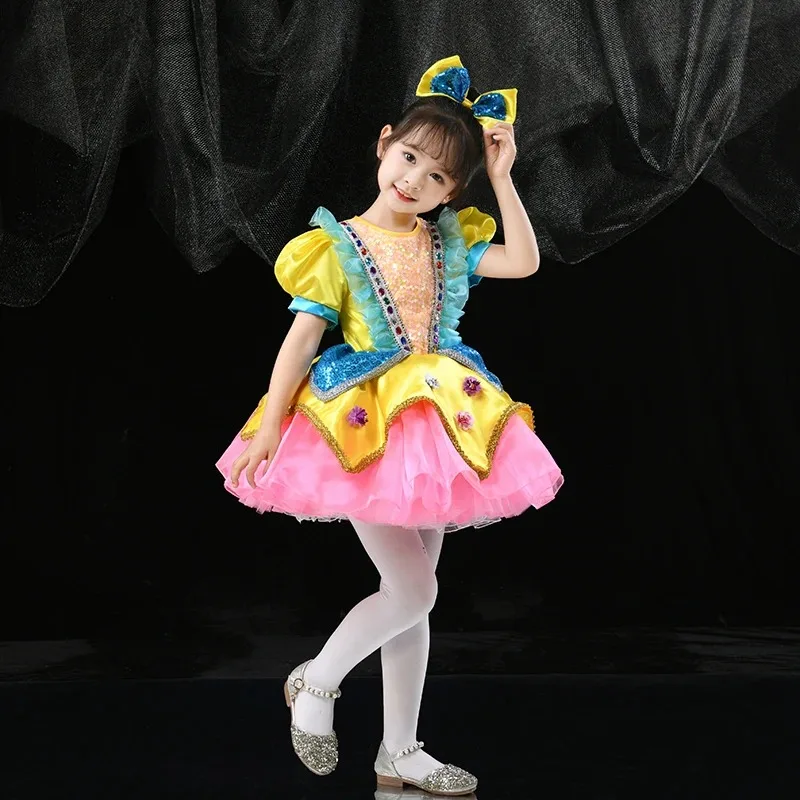 

Retro Yellow Sequin Dress Girls Dance Wear Sequined Modern Dance TUTU Dress Dance Costume Child Party Dress Stage Wear