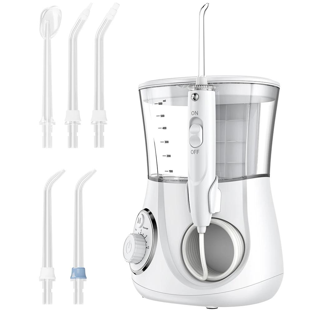 

Профессиональный ирригатор для полости рта - большая емкость 600 мл, 2 режима, 10 настроек и 5 насадок, водонепроницаемый, для чистки зубов