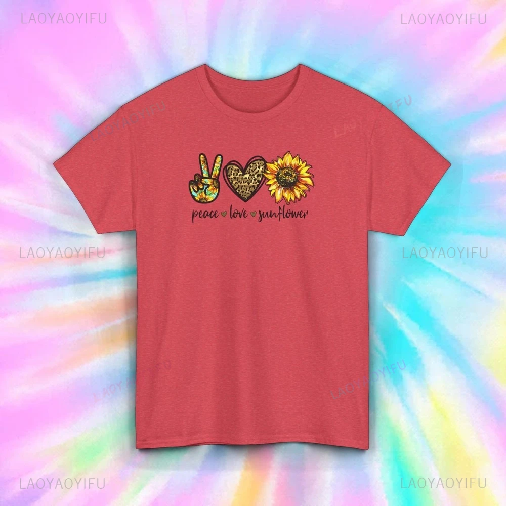 Vrede Liefde Zonnebloem Gedrukte T-shirt Tops De Leuke Zonnebloem Hartvormige Cartoon Vertegenwoordigt Vrede Tops T-shirt Vrouw Mannen Tee