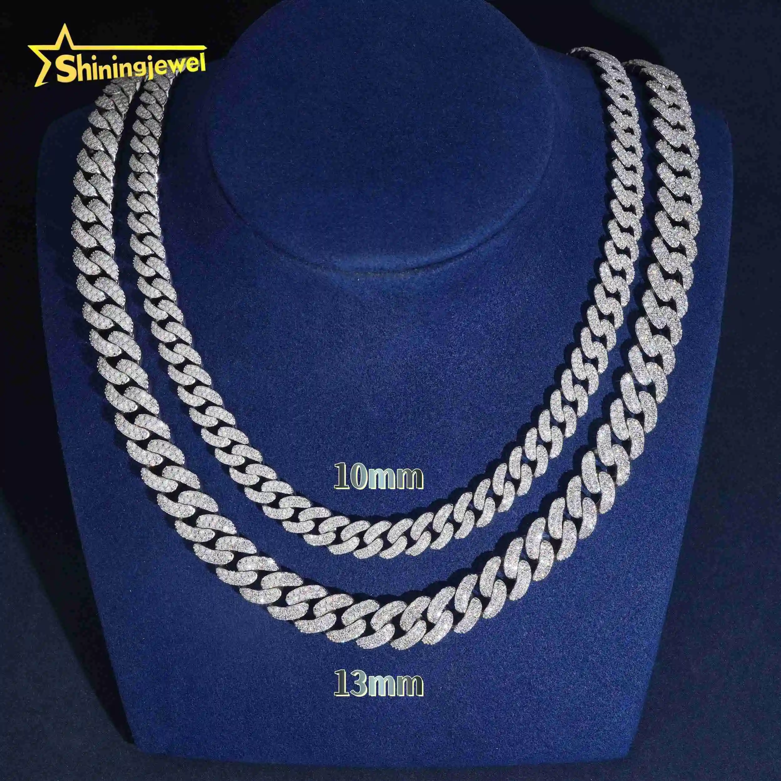 New Moon Shape 13mm 10mm 8mm 2 Row Cuban Link Chain Moissanite Cuban Bracelet Necklace Hip Hop Diamond Cuban Links，