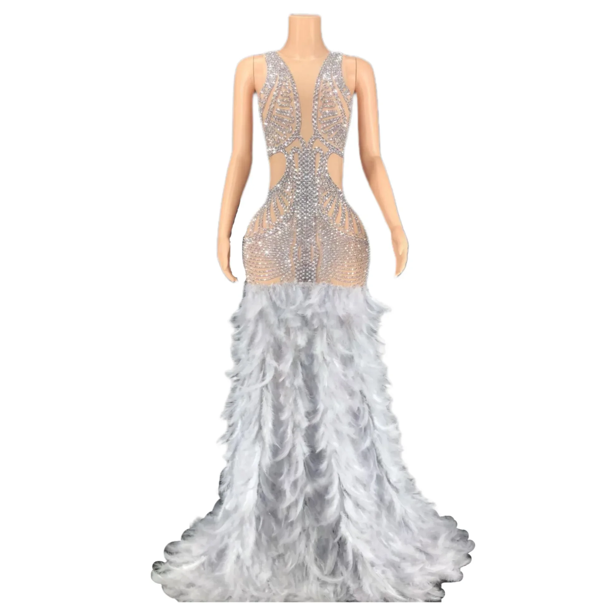 

Multicolored Sleeveless Shining Rhinestones Feathers Long Sexy Dress For Women Festival Carnival Clothing Stage Costumes