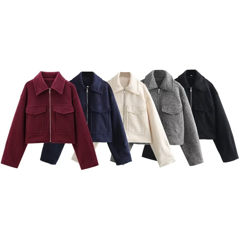

ZEMOREXMZ 2025 Autumn/Winter New Product Casual Women's Wear Simple and Fashionable Collar Pocket Decoration Short Jacket Coat