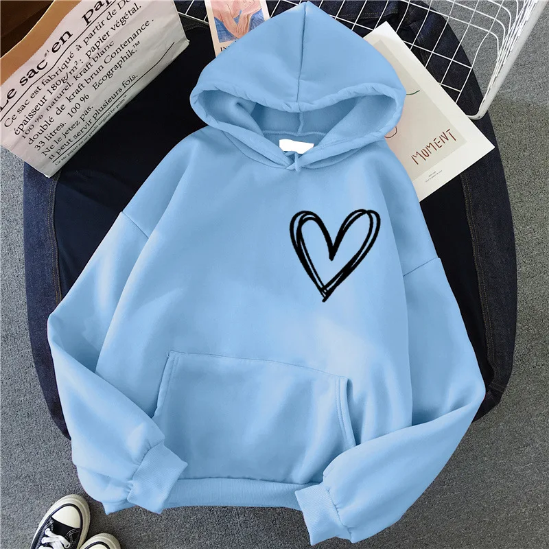 Hirsionsan Simplic Heart Print Women Sweatshirt Soft Casual Loose Vintage Female Hoodies 2024 Winter Warm Fleece Student Tops