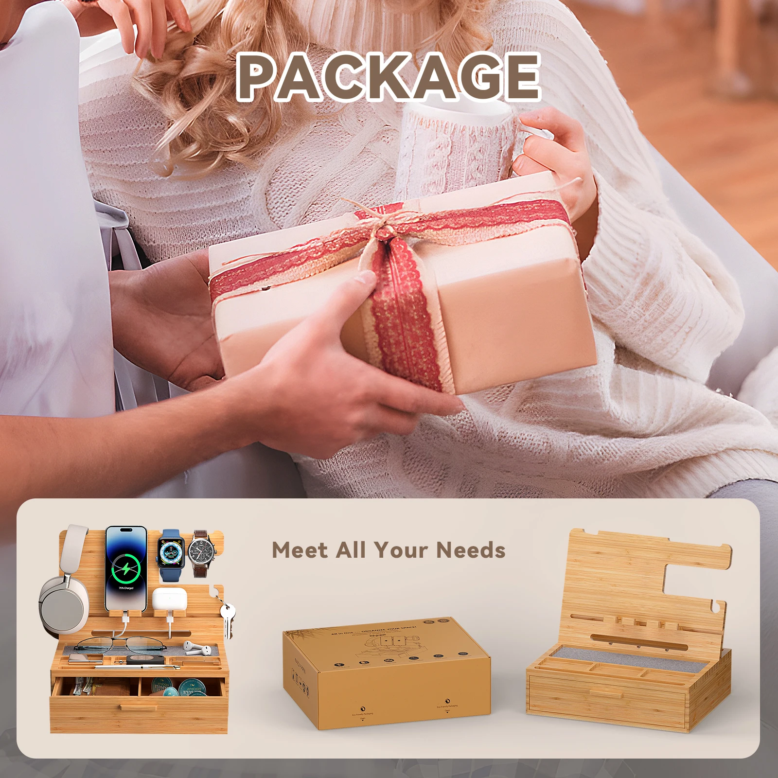 Bamboo Phone Docking Station with Drawer Nightstand Charging Organizer for Men and Women Bedside Holder Stand for Watches