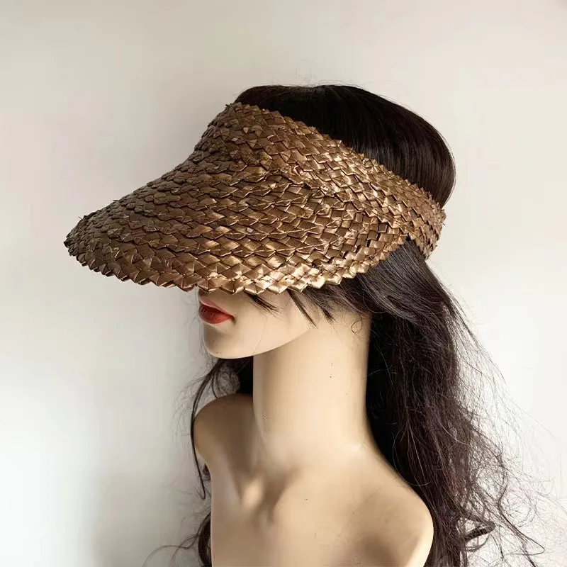 

Korean straw braided empty top hat women's summer fashion sunscreen visor hat net red style wearing ponytail no top hat tide