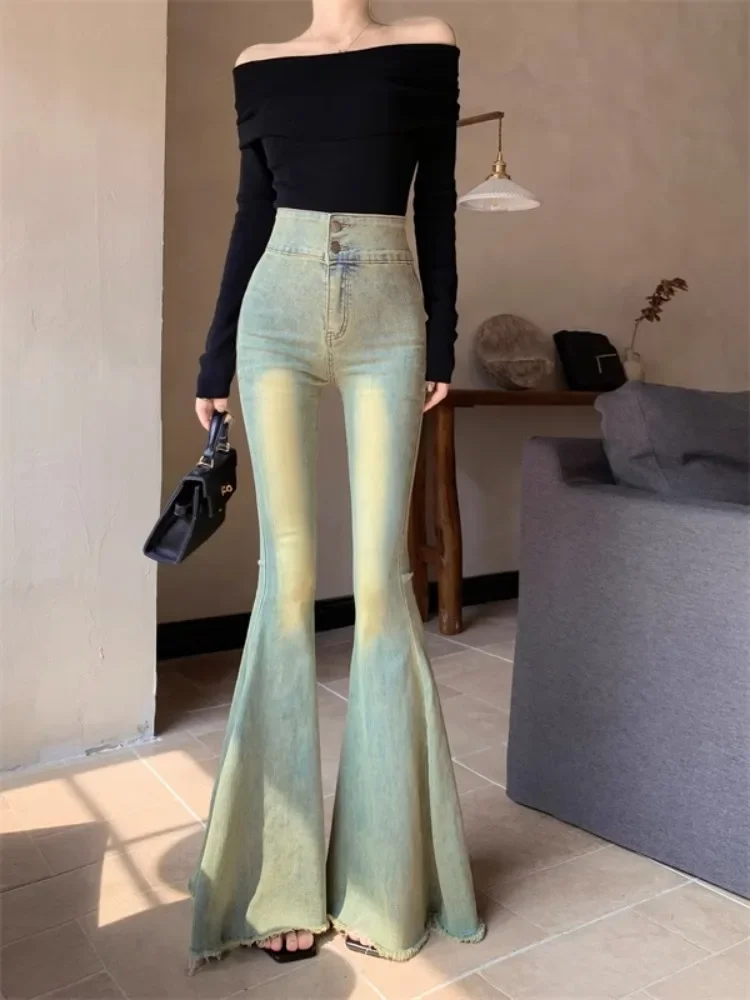 Ezgaga Vintage Jeans Women Fashion Slim High Waist Denim Pants Autumn Flare Long Trouser Wide Leg Sexy Elegant Streetwear