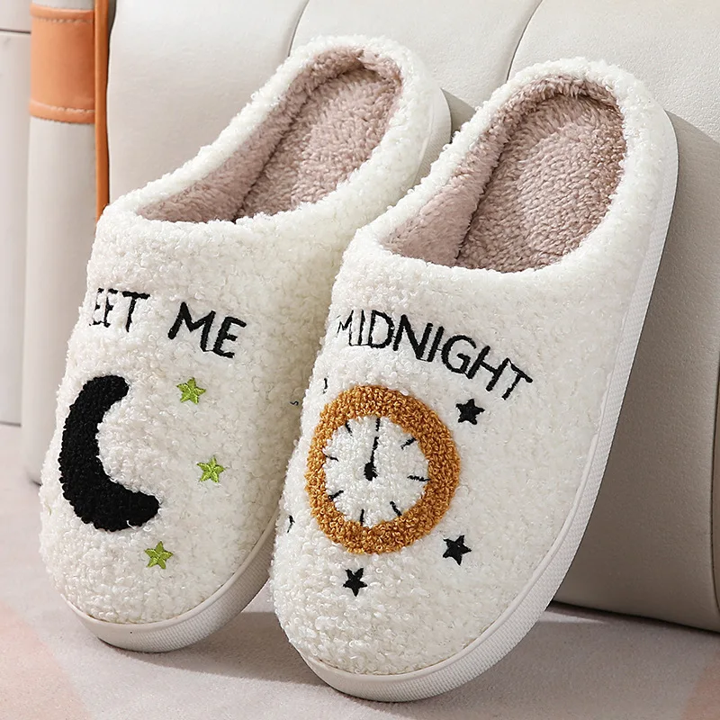 Fashion Winter Slippers Midnight Women Moon and Clock Indoor Home Warm Casual Exquisite Soft Flat Non-slip Cotton House shoes