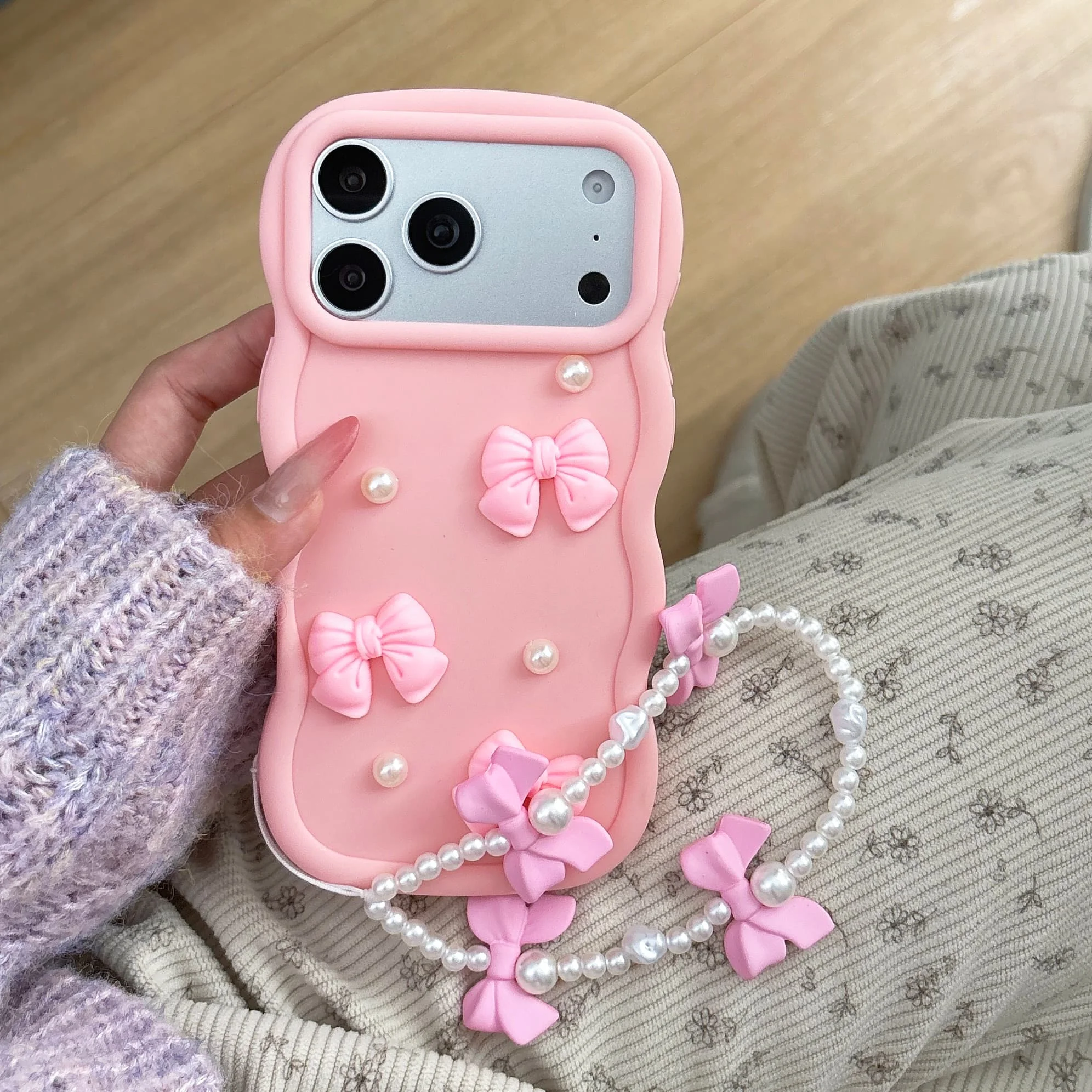 Koreanische 3D-Schleifen-Perlen-Silikon-Handyhülle für iPhone 17 Air 16 15 14 13 12 11 Pro X XS XR Max 7 8 Plus mit Lanyard, weiche Hülle